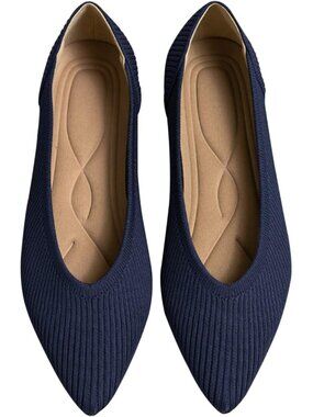 Women's Navy Pointed Toe Knit Ballet Comfortable Dressy Slip On Flats Shoes